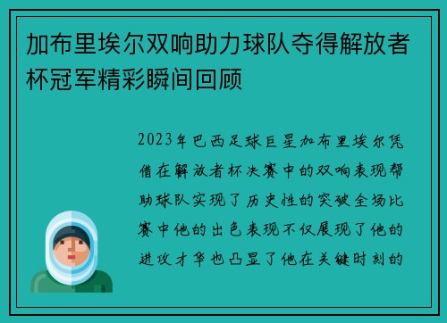 加布里埃尔双响助力球队夺得解放者杯冠军精彩瞬间回顾