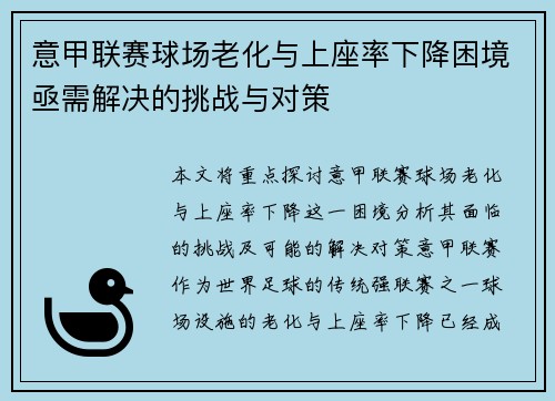 意甲联赛球场老化与上座率下降困境亟需解决的挑战与对策