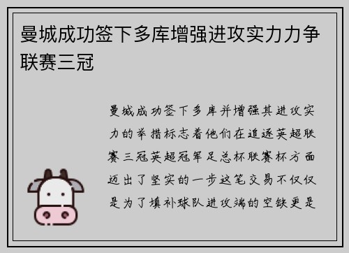 曼城成功签下多库增强进攻实力力争联赛三冠